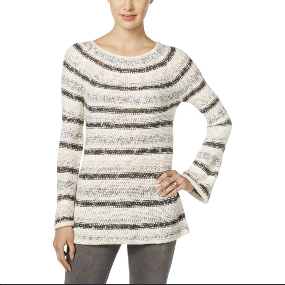 Style & Co Ivory & Grey Striped Long Sleeve Sweater with Metallic Treads